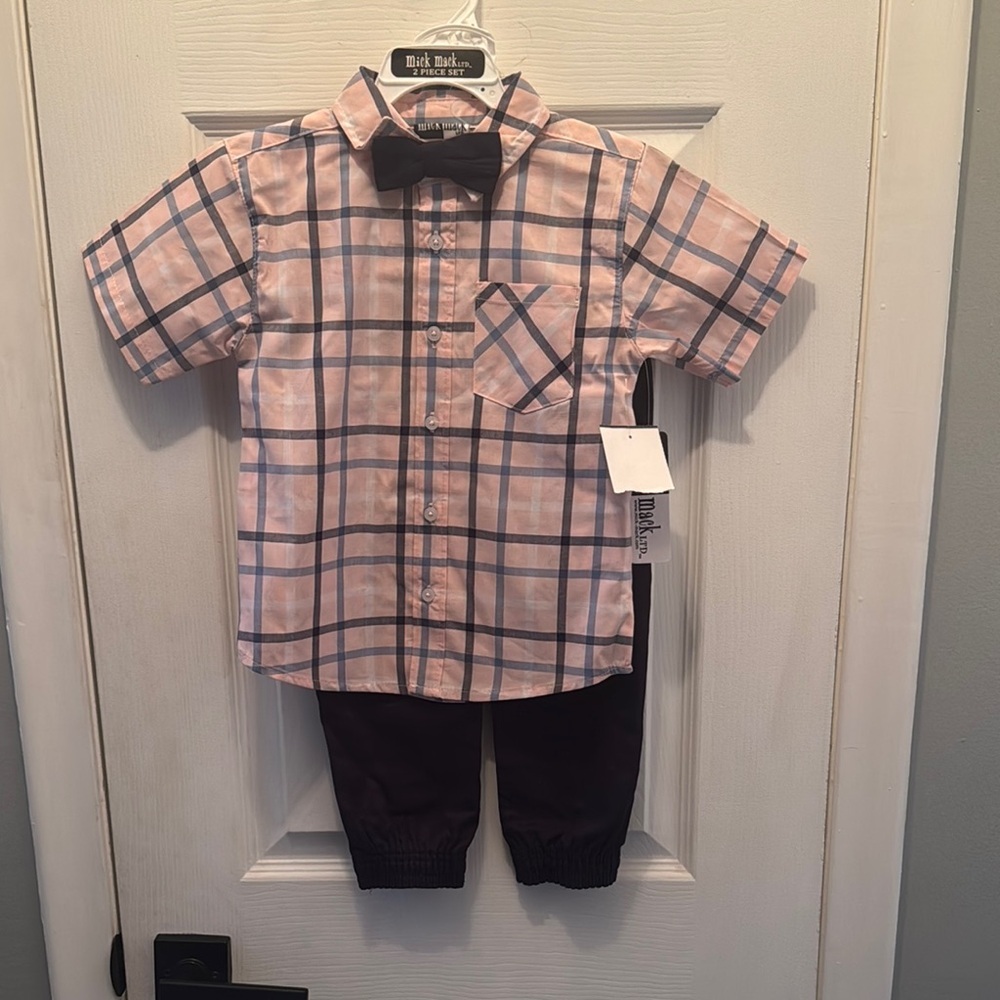Plaid Shirt and Pants Set with Bow Tie